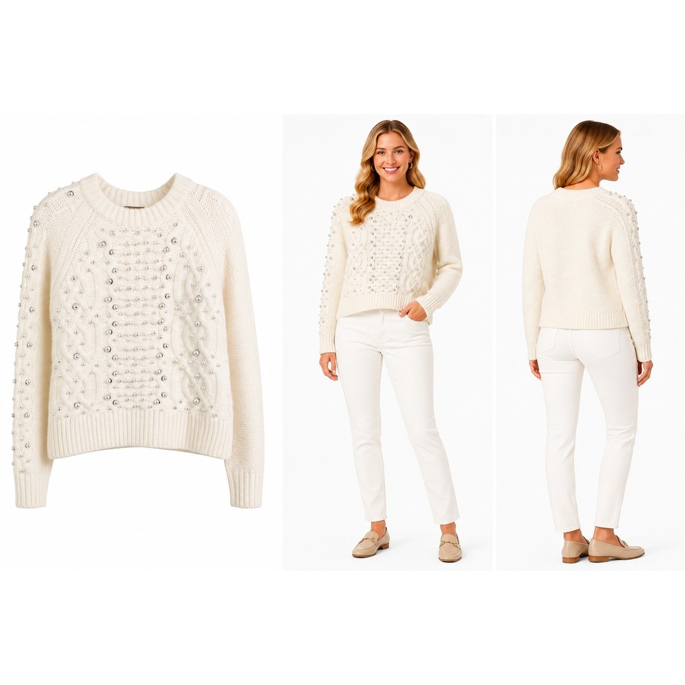 Rag & Bone Jemima Sweater L Cream Wool Pearl Embellished Cable‎ Knit Luxury